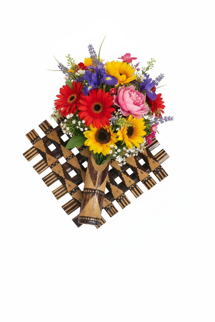 Diamond Patteren Bamboo Wall Hanging Flower Vase - Image 2