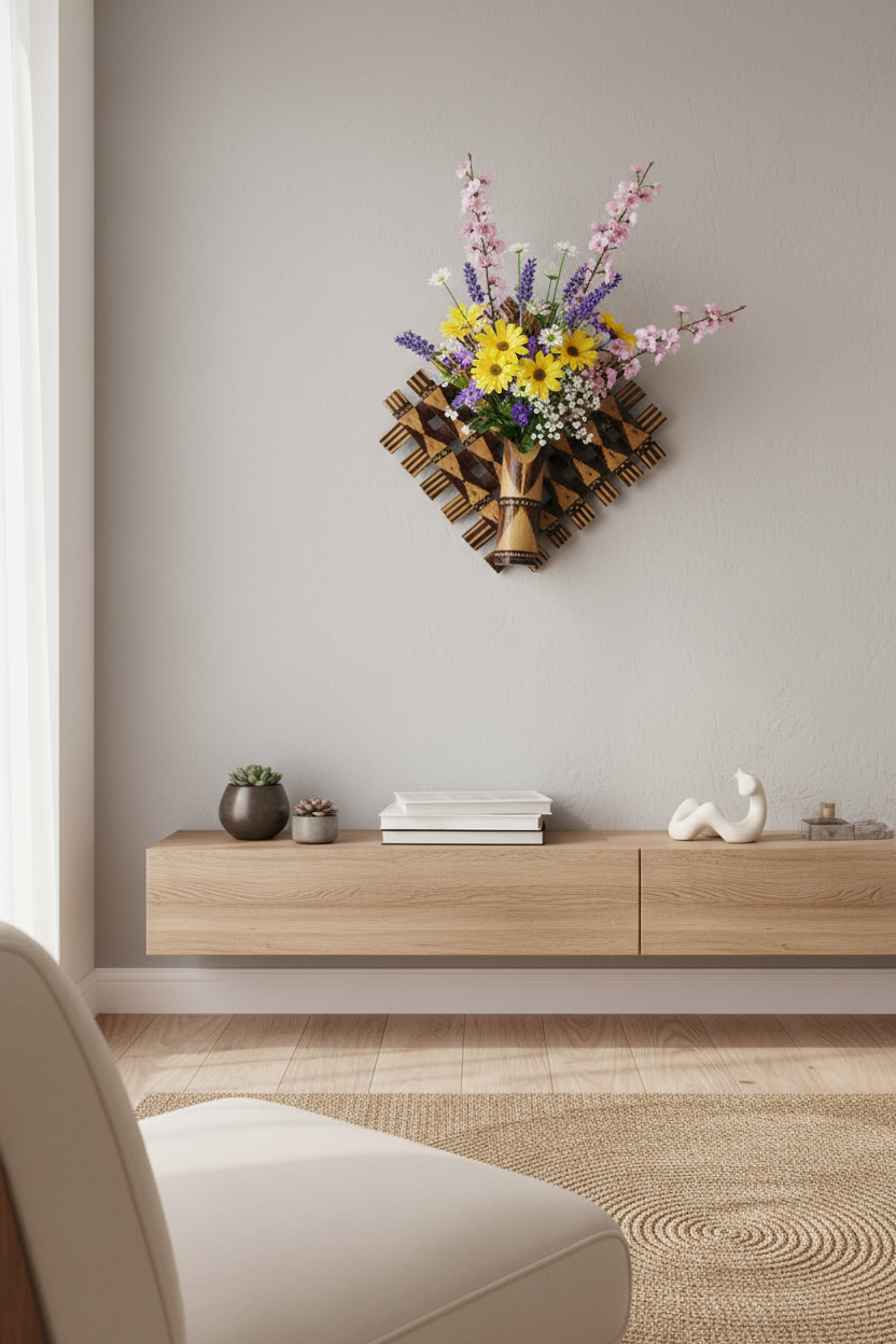 Diamond Patteren Bamboo Wall Hanging Flower Vase - Image 3